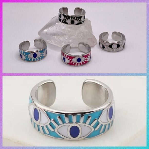Boho Evil Eye Enamel Adjustable Ring #1306 LT BLUE - Picture 1 of 13
